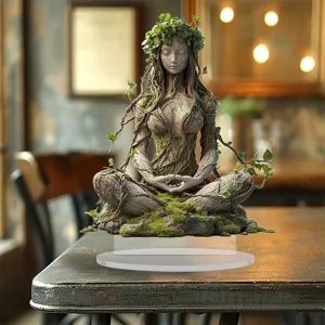 Primo piano della statuetta dea albero in meditazione, decoro natura su supporto acrilico.