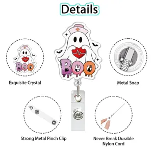 Close up view of halloween acrylic ghost nurse badge reel showing metal clip and nylon cord.
