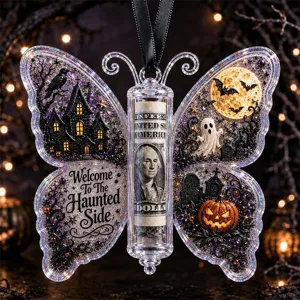 Halloween Acryl Schmetterling Geldgeschenk Halter Ornament mit Spukhaus und Kürbis.