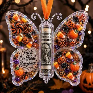 Halloween Acryl Schmetterling Geldgeschenk Halter Ornament mit Kuerbiss Dekor Detail.