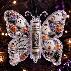 Halloween Acryl Schmetterling Geldhalter Ornament Detailansicht mit Geister und Kürbis.