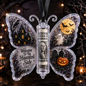 Halloween Acryl Schmetterling Bargeld Geschenk Halter Ornament mit gruseligem Spukhaus Design.