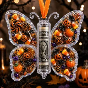 Acryl Schmetterling Geldgeschenk Halter Ornament mit Halloween Süßigkeiten und Band.