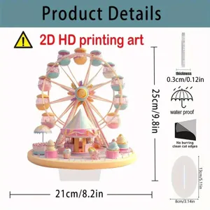 Acrylic 2D flat amusement park ferris wheel decorative ornament detail and thickness view.