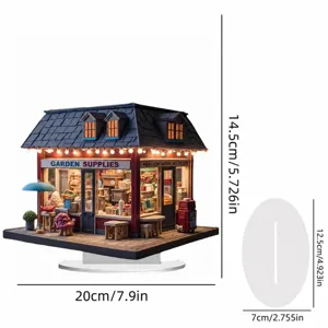 Detailed dimension view of DIY miniature dollhouse book nook model with lights and tiny furniture.