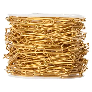 Gold stainless steel paperclip chain detail view, durable metal link for DIY jewelry crafting.