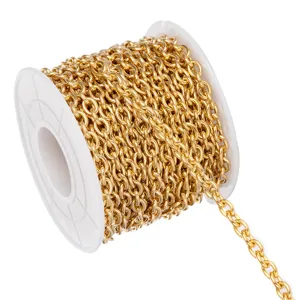 Detail view of a gold stainless steel cable chain spooling for DIY jewelry making accessories.