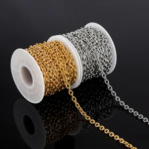 Stainless steel DIY jewelry chain spools detail shot showcasing gold and silver links.