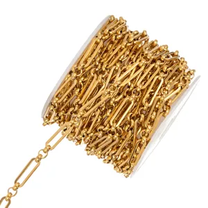 Stainless steel gold paperclip chain roll, DIY jewelry making supply, oval links and beads.