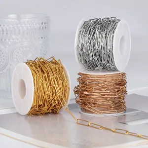 Detailed view of assorted metal paperclip chains on spools, perfect for DIY jewelry making.