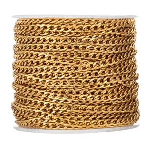 Detail shot of rolled 18k gold plated stainless steel cuban chain spool for jewelry making.