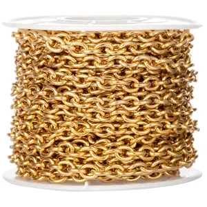 Gold stainless steel cable chain roll for DIY jewelry making, detailed view of metal links.