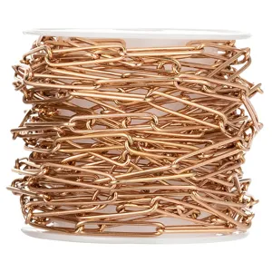Rose gold paperclip chain detail, stainless steel long cross chain for DIY jewelry making.