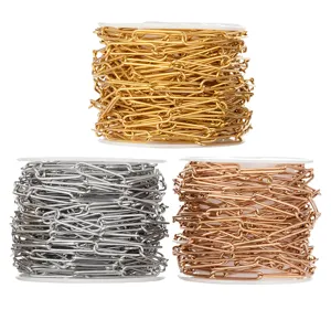 Close-up detail of stainless steel paperclip chains on spools in gold silver rose gold colors.
