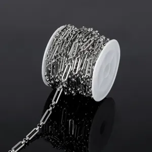 Stainless steel DIY chain detail view, paperclip and bead oval link for handmade jewelry making.