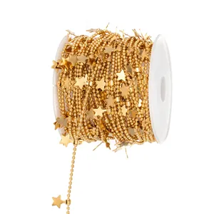 Gold stainless steel bead chain detail showing pentagram star charms on a white spool.