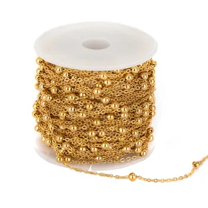 Stainless steel 18K gold plated bead chain detail view, perfect for DIY jewelry making.