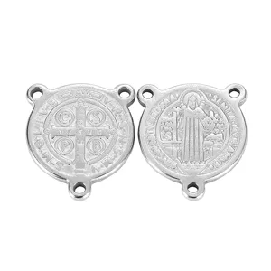 Stainless steel St. Benedict medal cross connector round pendant DIY jewelry making parts