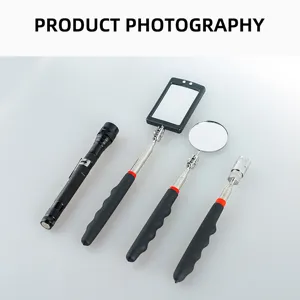Vue detaillee du kit d'outils d'inspection telescopiques avec tige magnetique et petite lampe.