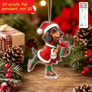 Adorno colgante plano de acrílico de perro salchicha navideño con caja de regalo, detalle.