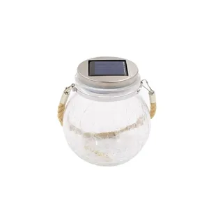 Linterna solar colgante de vidrio agrietado impermeable para jardín exterior con mango de cuerda.