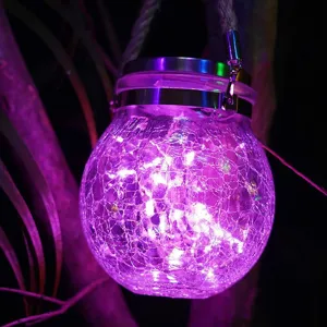 Linterna colgante solar de vidrio agrietado luz de jardín al aire libre LED violeta decorativa