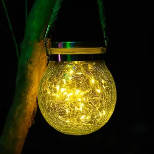 Linterna solar colgante de vidrio agrietado para iluminación de jardín exterior