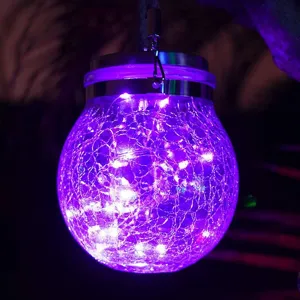 Lámpara colgante solar de vidrio craquelado morado LED jardín exterior luz decorativa