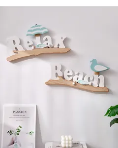 Mediterranean wooden beach wall decor set with relax and beach letters for bedroom.