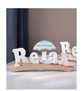Wooden Relax table decor with beach umbrella and fish skeleton, perfect coastal home ornament.