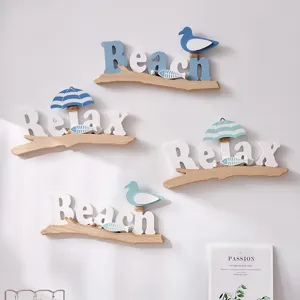 Mediterranean wooden beach wall decor for kids room, 3D hanging signs for bedroom background.