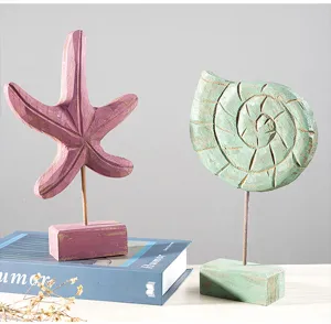Mediterranean wooden starfish seashell tabletop ornament home decor figures desktop display