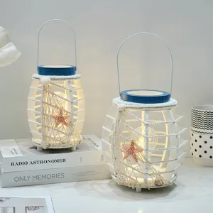 Mediterrane Stijl LED Licht Houten Lantaarn Huis Slaapkamer Decoratief Ornament Mariene Strand Kust Nachtlampje