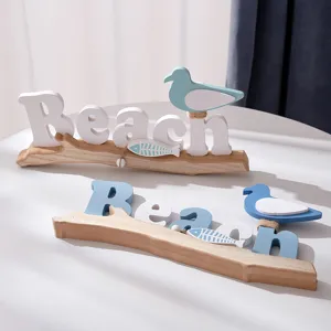 Mediterranean style wooden Beach desktop ornament with cute seagull and fish decoration for home.