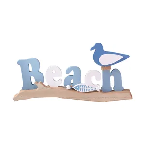 Mediterranean wooden beach sign tabletop ornament with bird and fish decor for home decor.
