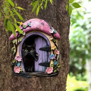 Décoration de porte d'arbre de jardin de fées avec toit rose et porte violette, résine.