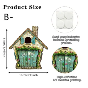 Vue détaillée de la porte d'arbre de jardin de fées avec dimensions et points de colle.