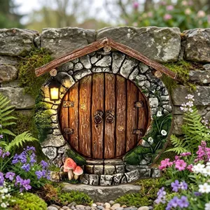 Détail de porte miniature de jardin féerique, porte de Hobbit en résine avec lanterne.