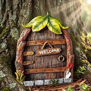 Détail de porte de fée, mini décoration de tronc d'arbre en résine avec panneau de bienvenue.