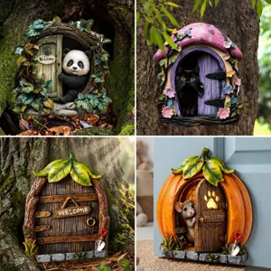 Miniature Porte de Jardin de Fées Décoration d'Arbre Bois de Pin Extérieur Cour Panda Chat Champignon Statues de Jardin Micro Paysage Ornements