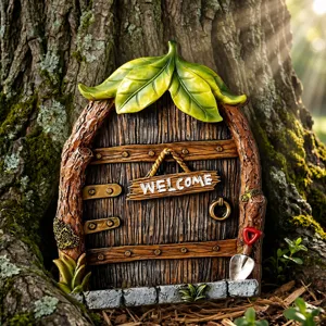 Miniature porte de jardin de fée pour arbres, décoration extérieure en résine avec panneau.
