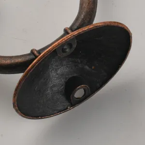 Close-up detail of antique bronze wall hook showing sturdy mounting base and curved arm.