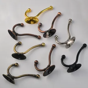 European style antique double coat hook metal wall door mounted hardware accessory.