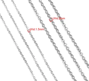 Silver O-chain necklace detail showing 1.5mm and 2mm width comparison for DIY jewelry making.