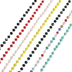 Detail shot of multi-color crystal glass bead chains, perfect for DIY jewelry making and accessories.