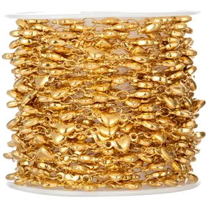 Detail view of 18k gold plated stainless steel heart chain, perfect for DIY jewelry making.