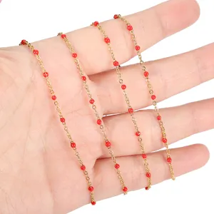 Stainless steel gold-plated cross O-chain with red enamel beads, ideal for DIY handmade jewelry crafting.