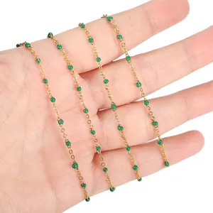 Gold stainless steel station chain with green enamel beads for diy jewelry making craft supply