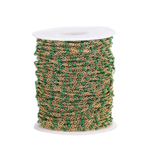 Gold stainless steel chain with green enamel beads for handmade DIY jewelry making reel