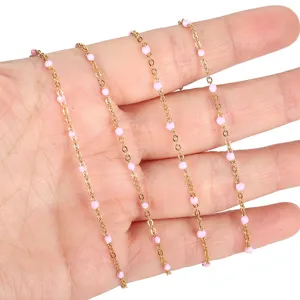Stainless steel gold plated pink enamel bead satellite chain for DIY jewelry making detail view.